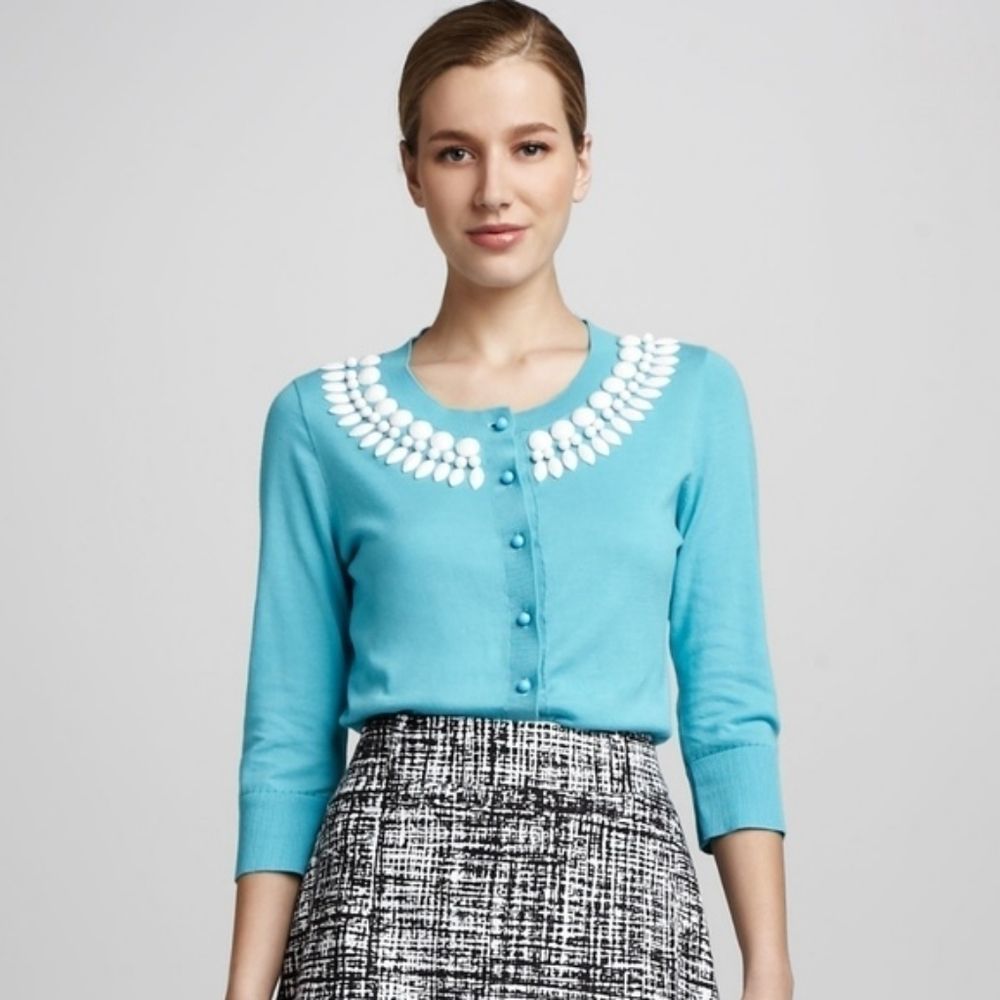 kate spade Turquoise Blue Embellished Collar Cardigan